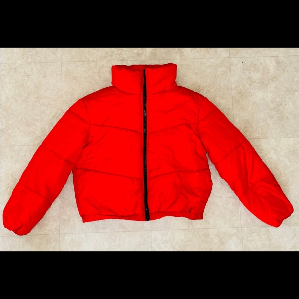 Target Red Puffer Jacket with High Collar and Quilted Design
